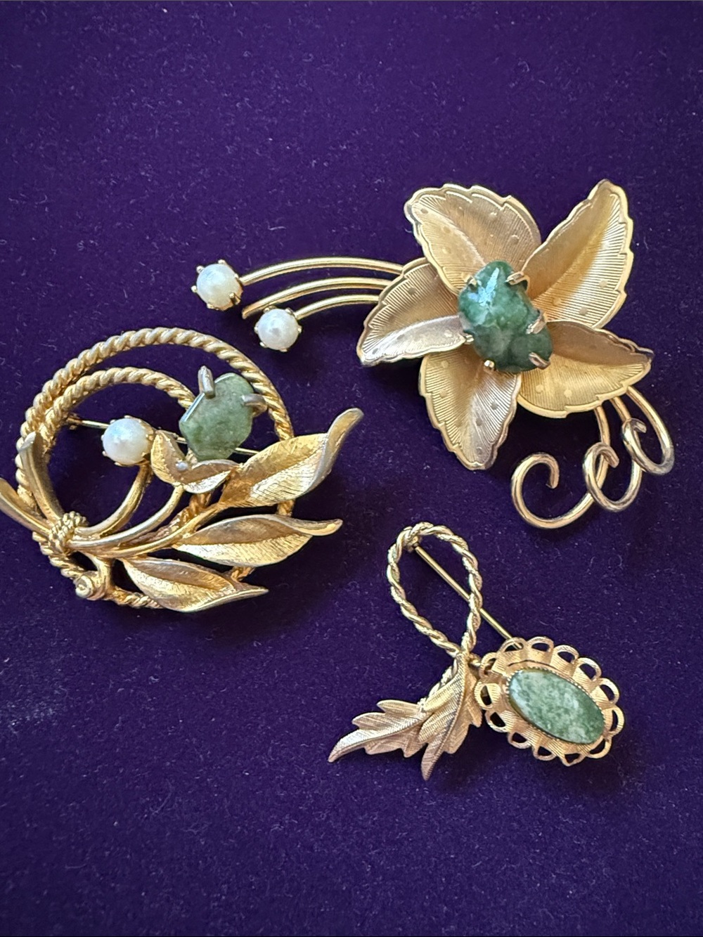 Lot of 3 Vintage Gold-Tone Floral Brooch Set with Green Nephrite Stone Accents